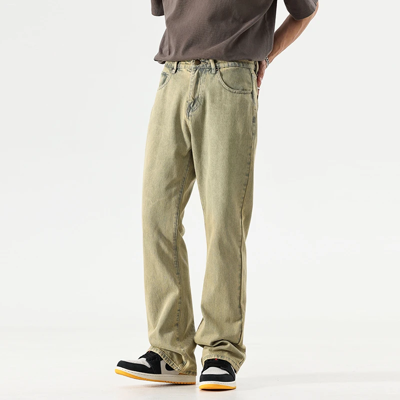 复古高街美式黄泥色夏季薄款牛仔裤男款cleanfit水洗做旧直筒长裤