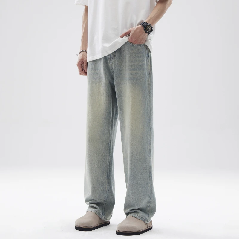 春季新款做旧阔腿宽松休闲潮男cleanfit复古水洗牛仔裤男直筒裤子