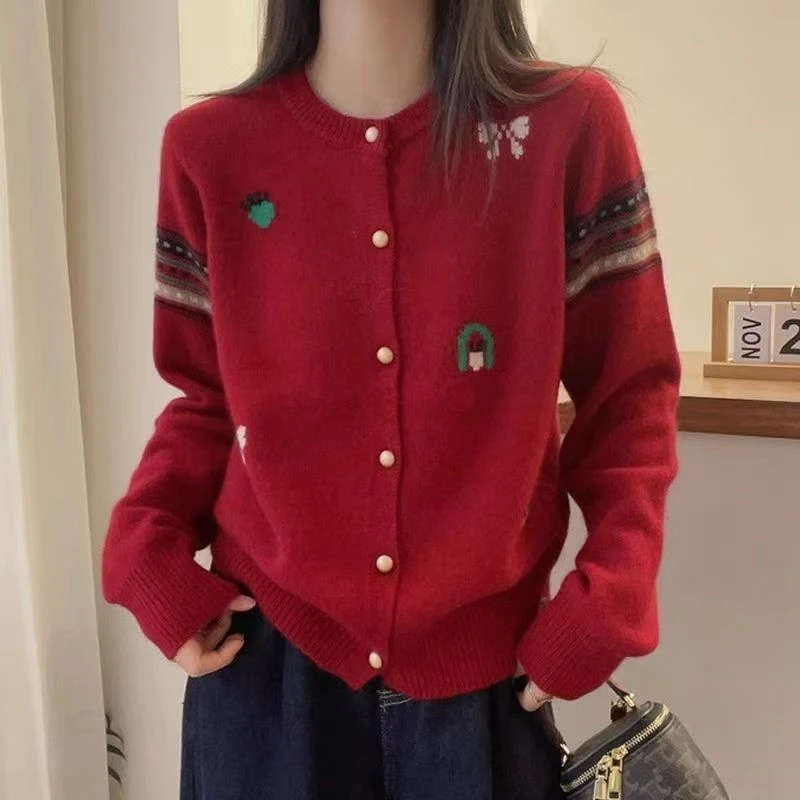 【妮妮专属】羊毛开衫女士毛衣针织羊绒外套网红百搭复古红色宽松
