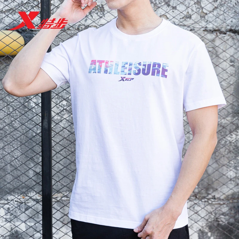 特步正品时尚圆领印花运动T恤情侣款休闲短袖潮流舒适纯棉男上衣