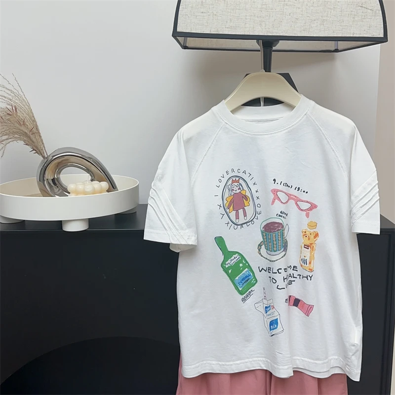 【现货】儿童白t恤24夏季儿童半袖上衣设计感印花韩版宽松纯棉短袖T