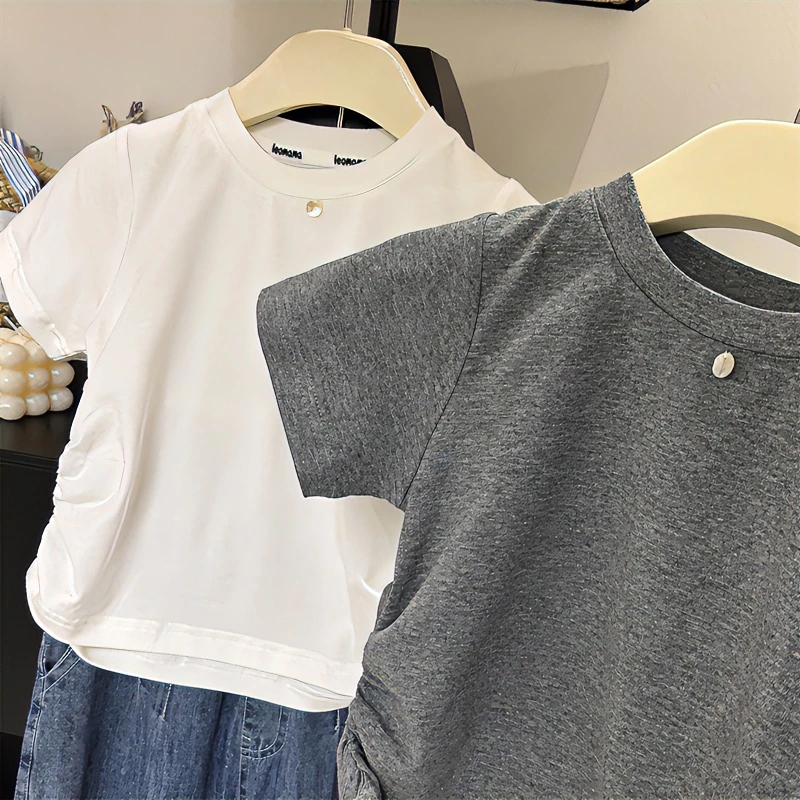 【现货】女童纯色短袖T恤 夏装时髦洋气褶皱设计上衣儿童装半袖衣服