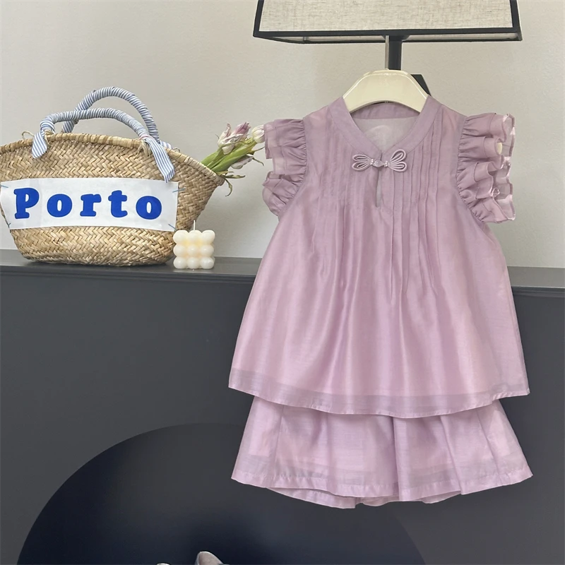 童装女童短袖套装24新款洋气时髦夏装新中式衬衫短裤儿童两件套