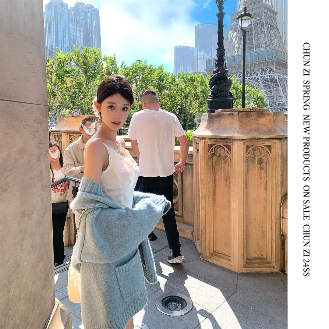 【CHUN ZI】秋冬复古蓝色针织毛衣软糯厚实宽松大外套