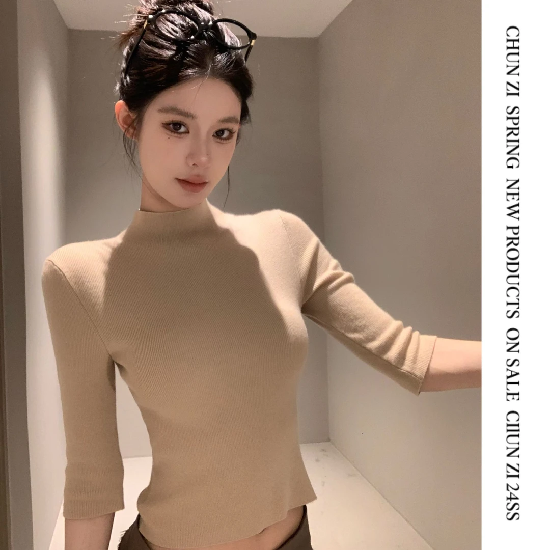 【CHUN ZI】极简知性 气质修身中高领中袖软糯针织衫秋冬新款上衣