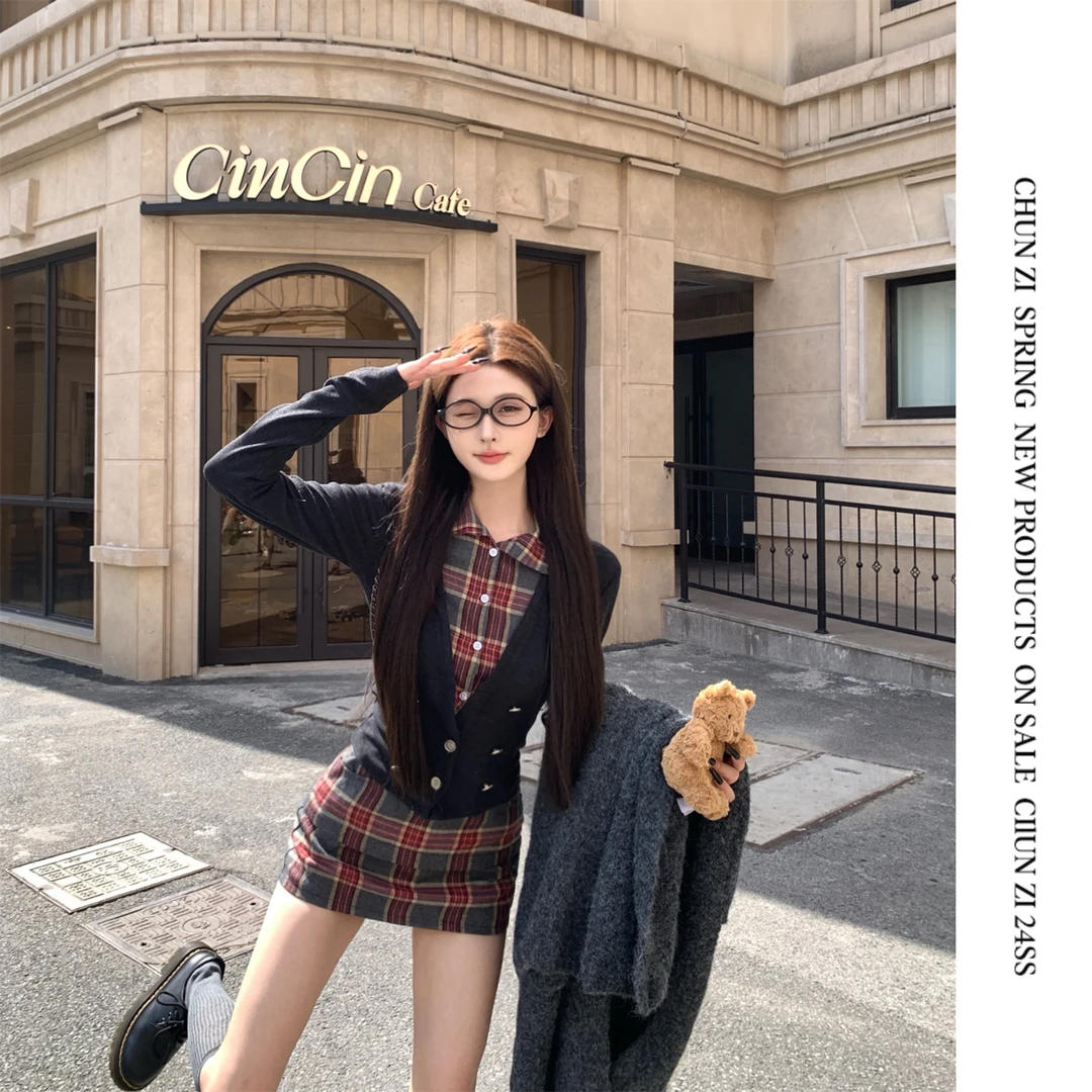 【CHUN ZI】高智姐姐假两件格纹拼接针织衫修身显瘦上衣衬衫