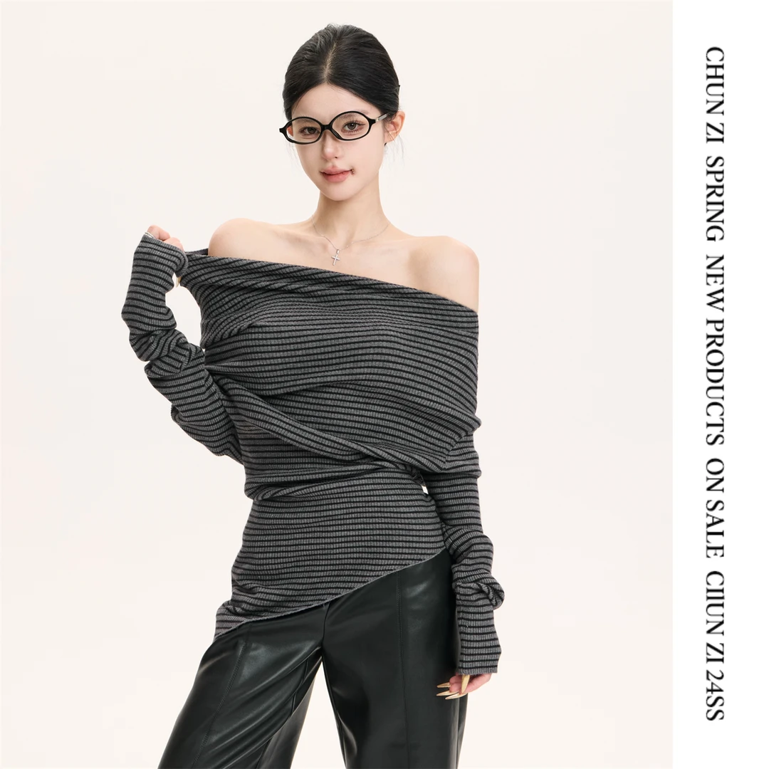 【CHUN ZI】条纹秋冬柔软弹力多穿法针织长袖设计小众设计感