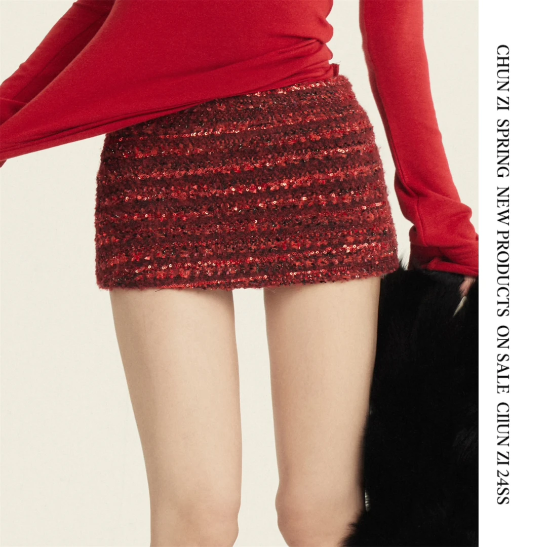 【CHUN ZI】复古时髦钉珠厚一片式修身包臀短裙百搭极繁面料