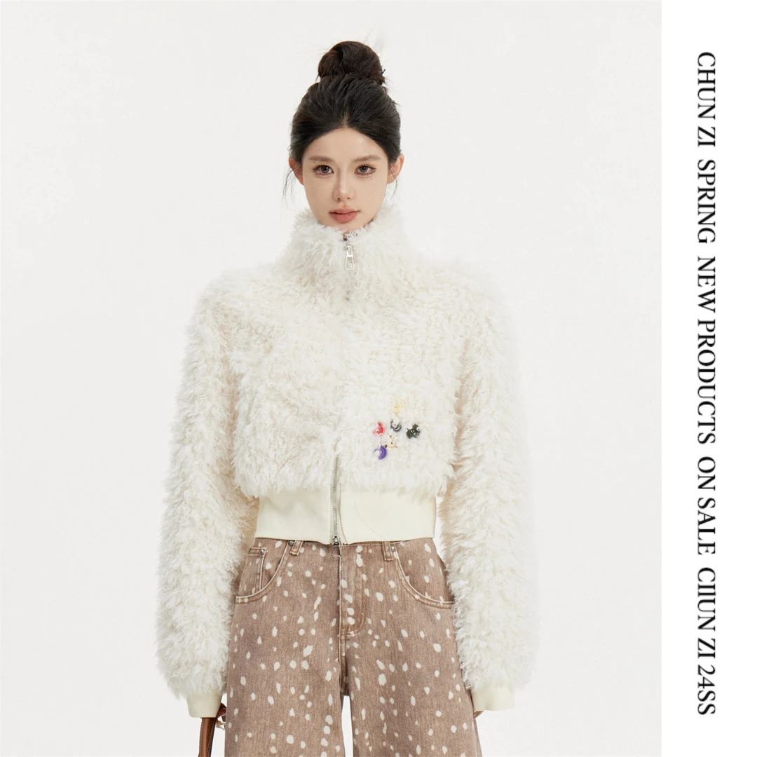 【CHUN ZI】秋冬设计感高领短款毛毛外套纽扣设计软糯卷毛外套