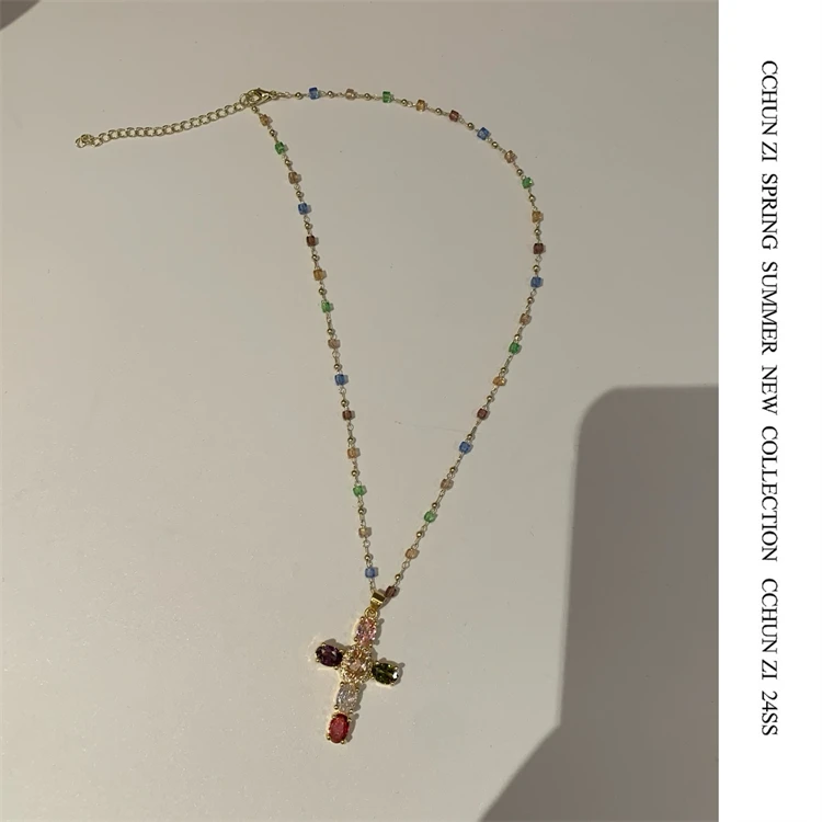 铜项链 【CHUN ZI】彩色十字架撞色项链ins风气质高级感锁骨链女
