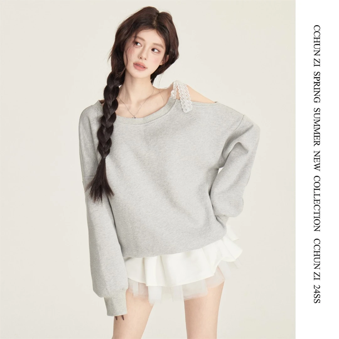 【CHUN ZI】露肩卫衣女春秋韩版宽松圆领显瘦套头斜肩绑带长袖上衣