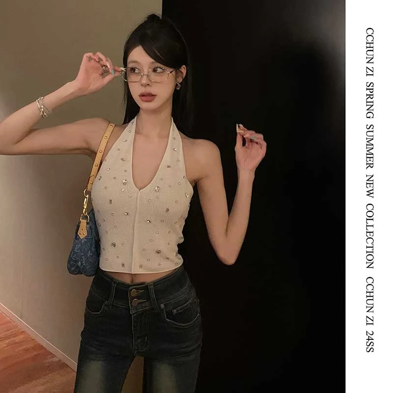 【CHUN ZI】春季新款复古辣妹修身带钻挂脖领背心上衣女