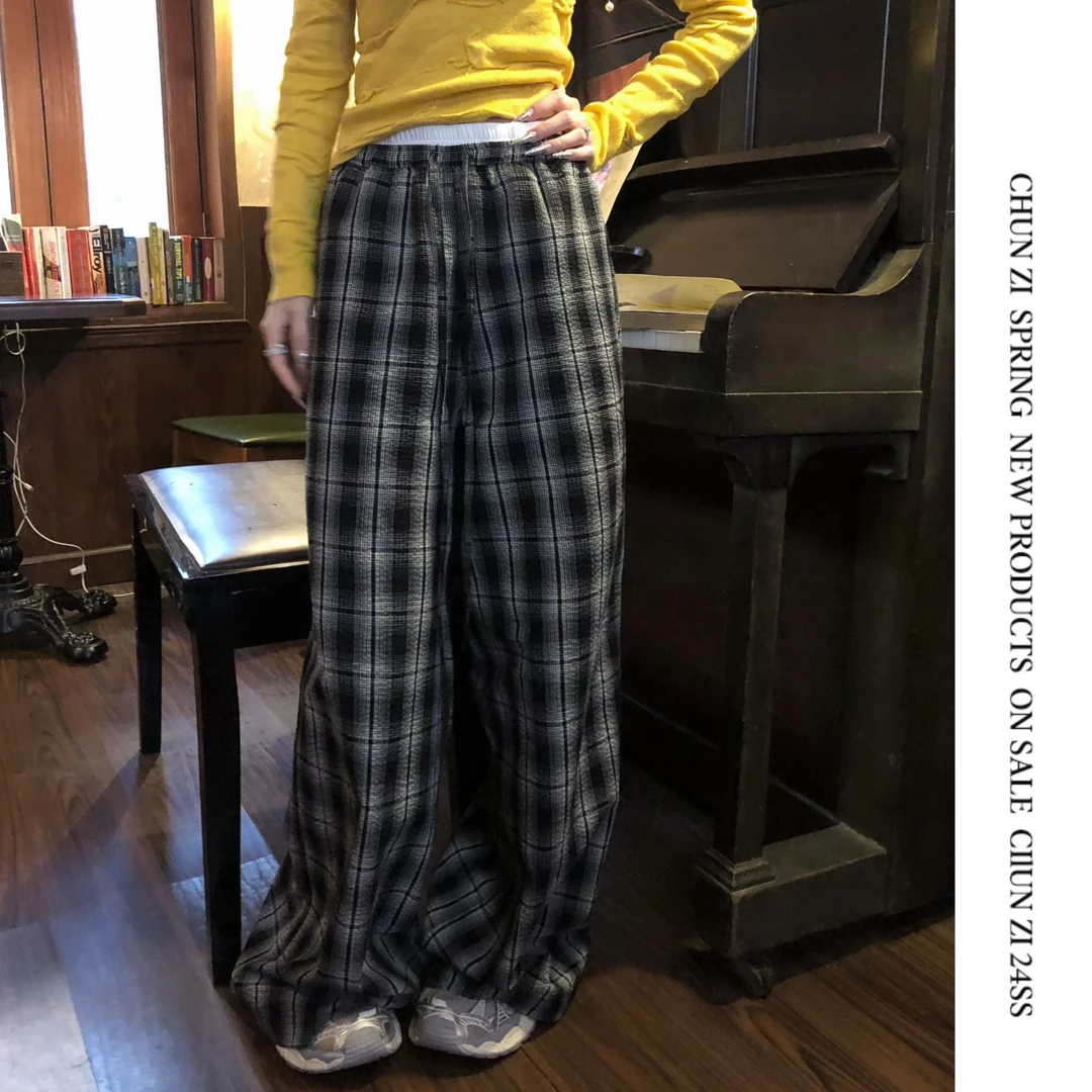 【CHUN ZI】心尖垮垮裤复古双腰头松弛感格纹休闲裤女阔腿垂感长裤