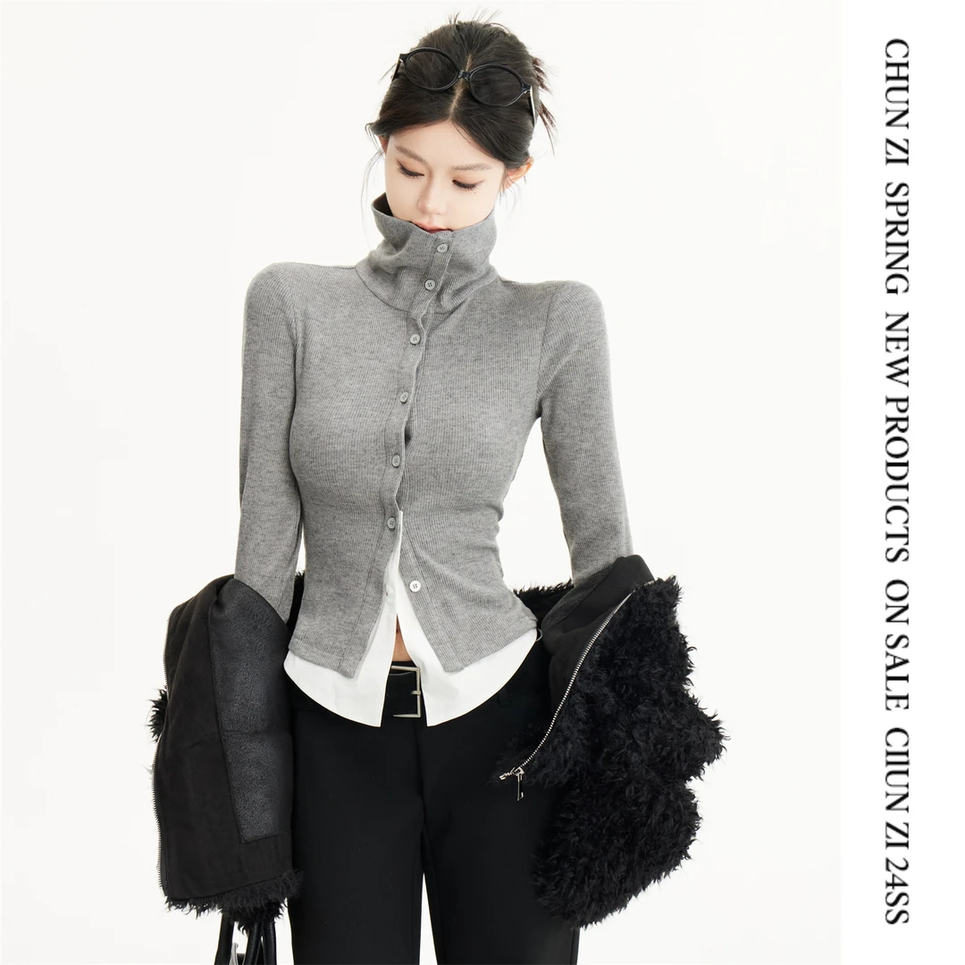 【CHUN ZI】高领针织T恤女冬修身显瘦拼接假两件内搭上衣