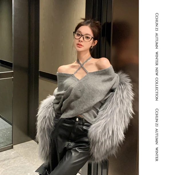 【CHUN ZI】双色绑带 露肩交叉毛衣女新款宽松短款针织上衣