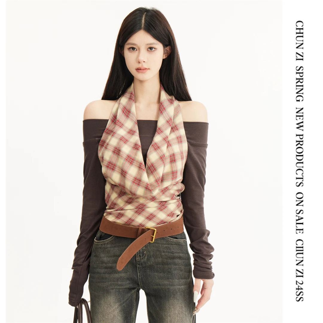 【CHUN ZI】格纹撞色荡领一字肩长袖T恤辣妹假两件打底衫上衣