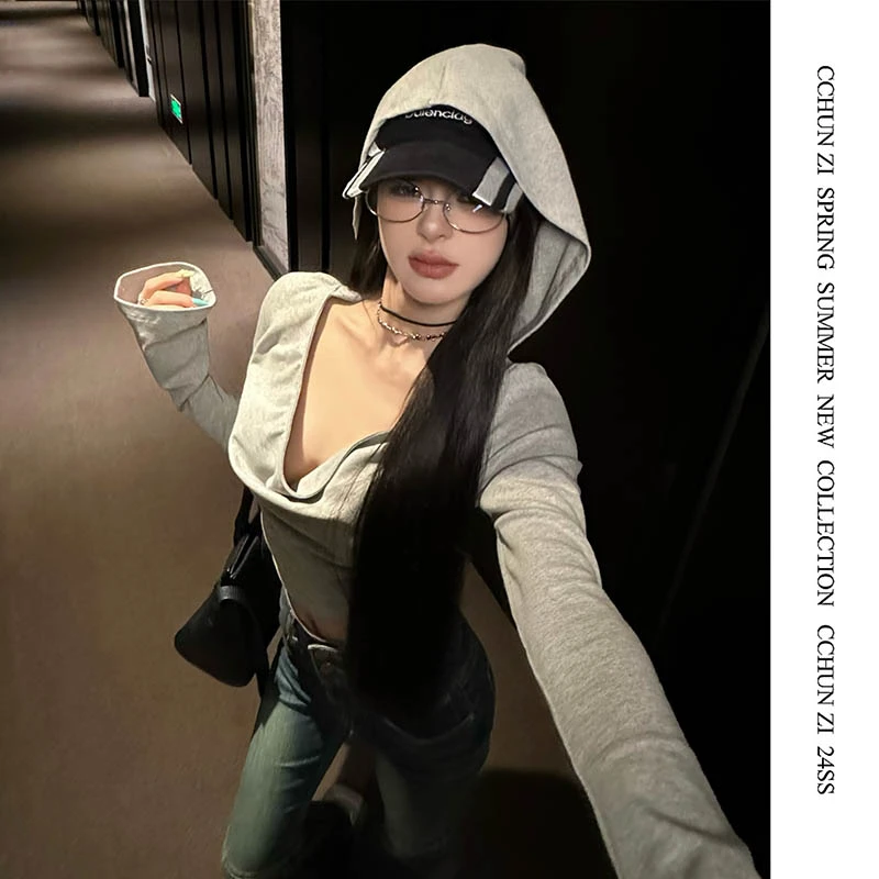 【CHUN ZI】流浪宣言连帽修身辣妹上衣春季小众灰色短款长袖T恤女