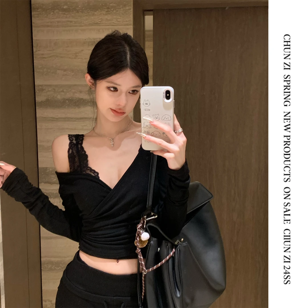 【CHUN ZI】修身交叉v领腰部褶皱显瘦打底衫百搭紧身套头长袖T上衣