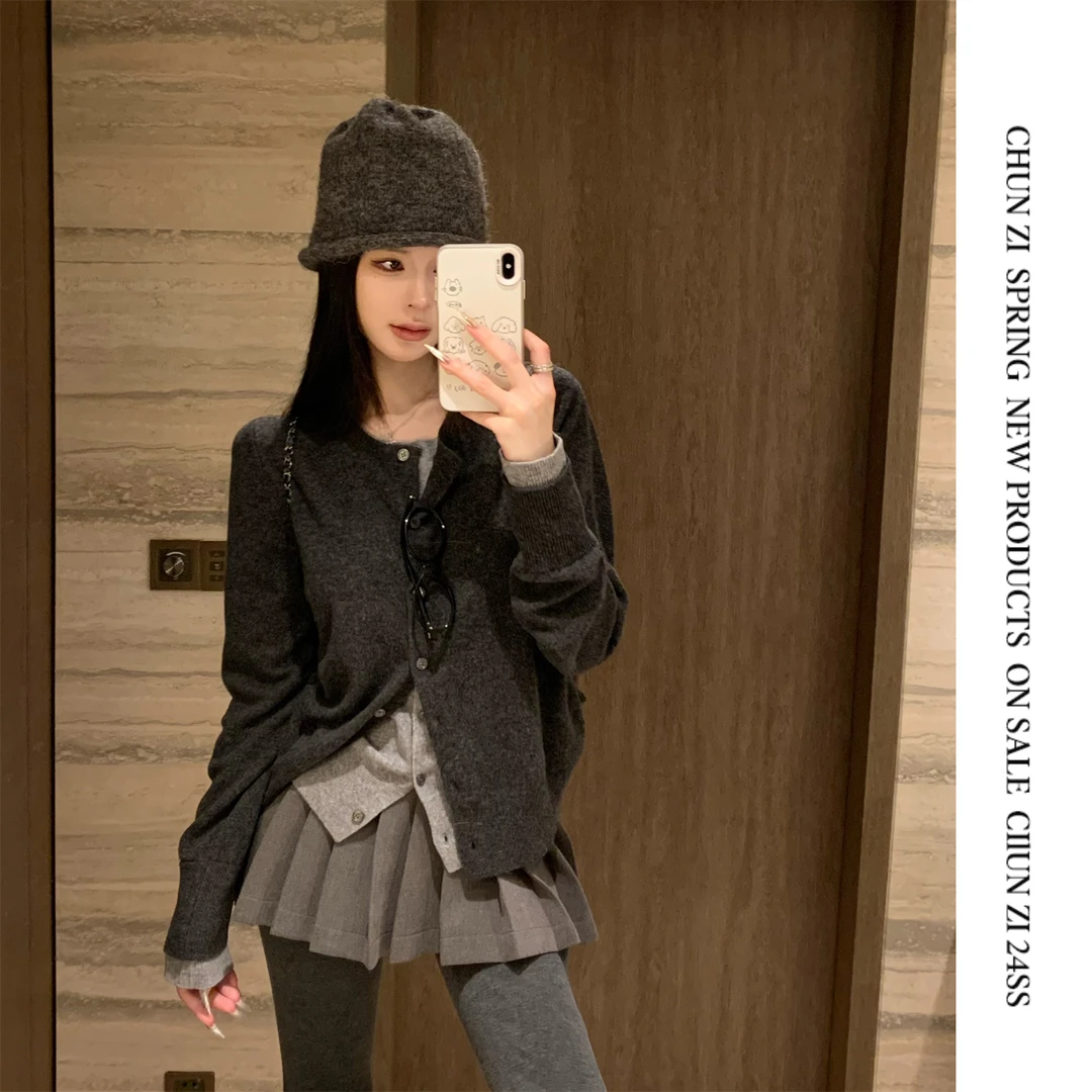 【CHUN ZI】智性美女 假两件休闲多种穿法针织打底开衫女