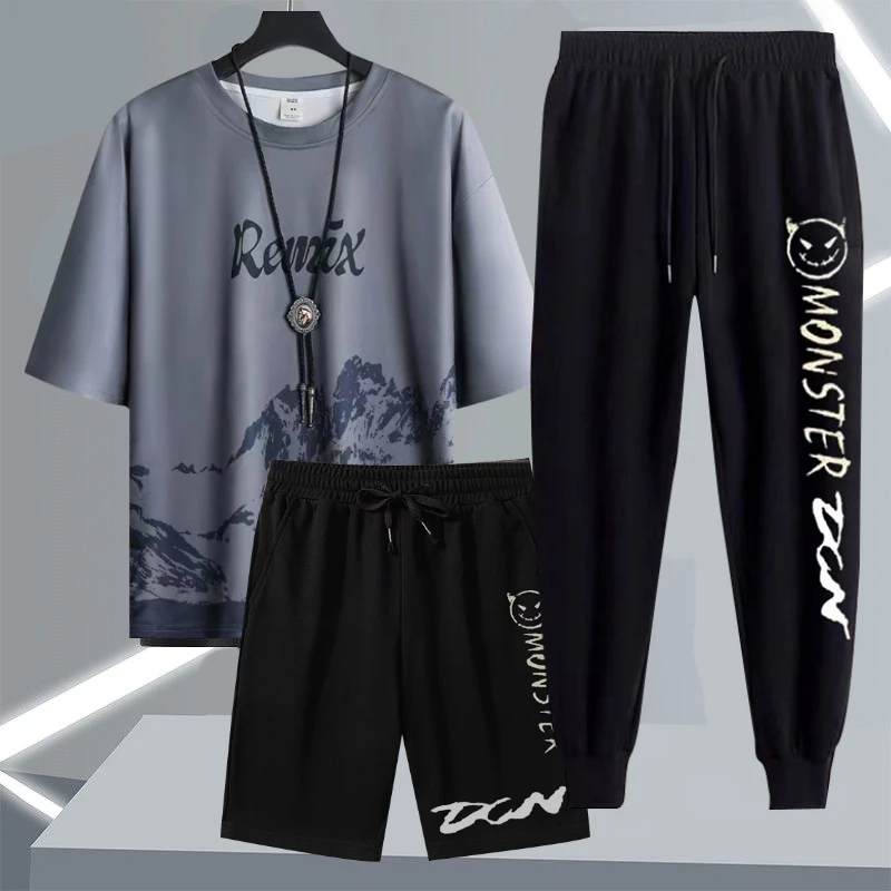 夏季男士冰丝T恤短裤长裤搭配三件套青少年大码宽松时尚潮流套装