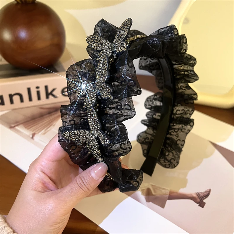 时尚简约黑色发箍网纱气质蝴蝶透纱宽边高颅顶百搭黑色带齿头箍女