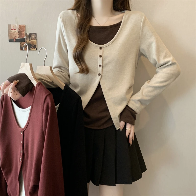 假两件羊绒针织大码微胖mm秋冬新款打底衫长袖内搭上衣