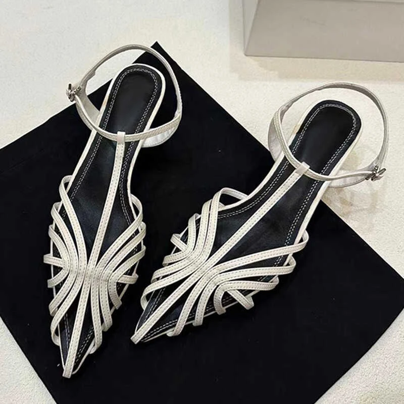 盛夏晚风~细带编织罗马鞋简约夏季新款细跟高跟真皮镂空凉鞋女