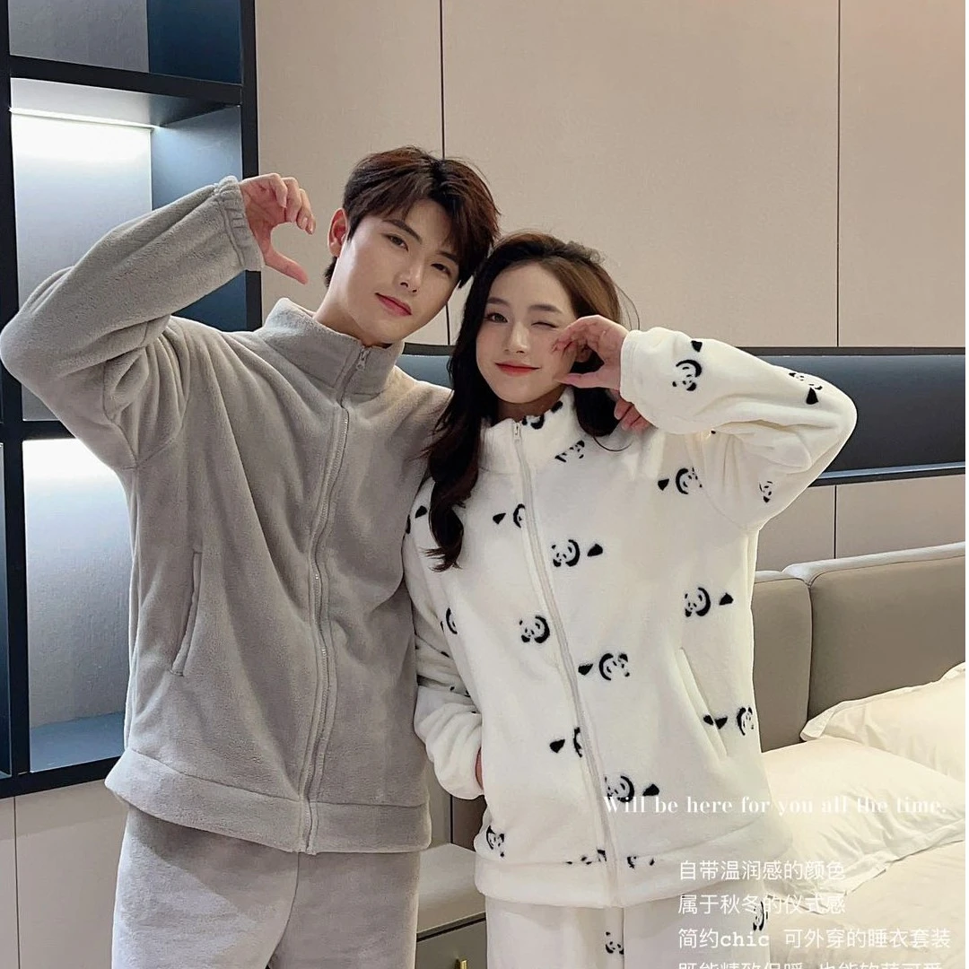 2024情侣款立领睡衣女套装熊猫绒加厚加绒家居服套装可出门外穿