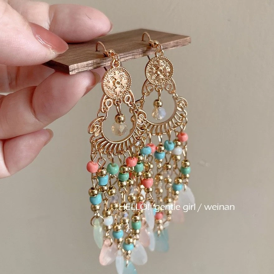 仙女散花仙气粉系调长流苏气质耳环出游度假拍照耳环耳坠饰品女