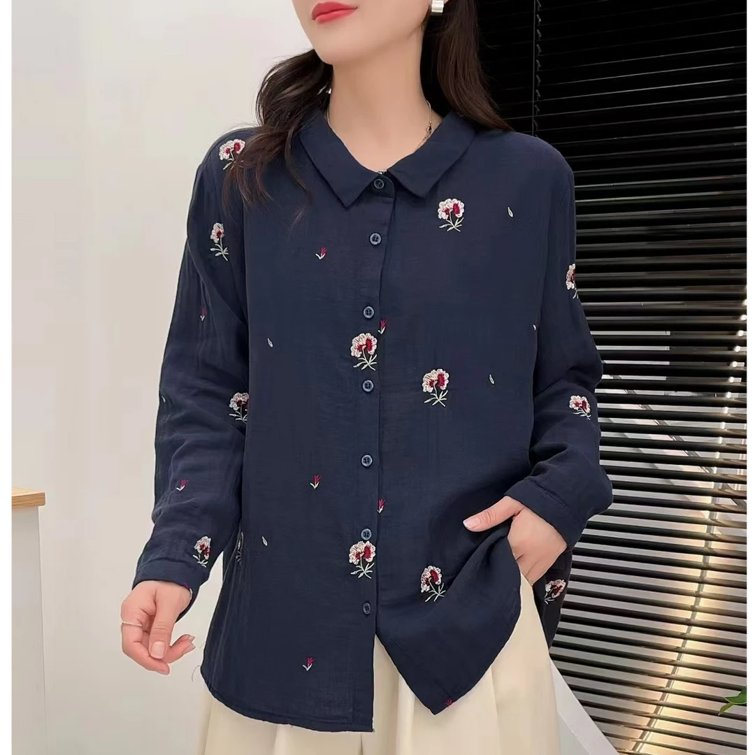 双11先享价！双层棉纱刺绣显瘦翻领长袖衬衫时尚薄款白色宽松衬衣