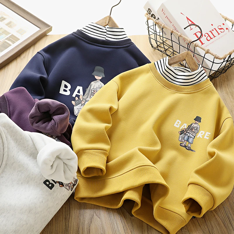 【源头工厂】清仓男童加绒卫衣一体绒中大童半高领假两件上衣打底衫