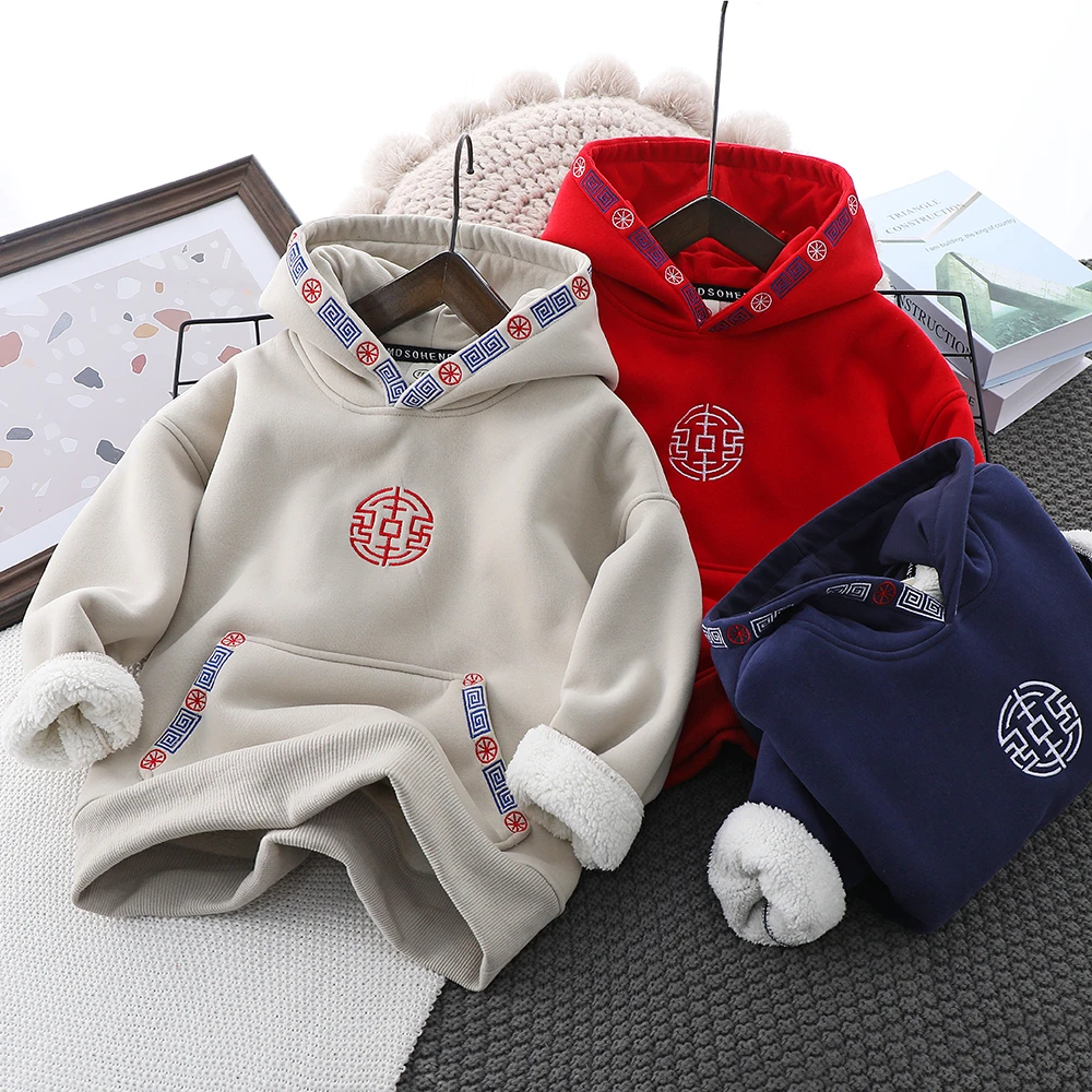 新年年服儿童加绒加厚卫衣中国风国潮洋气宽松连帽中大童保暖打底