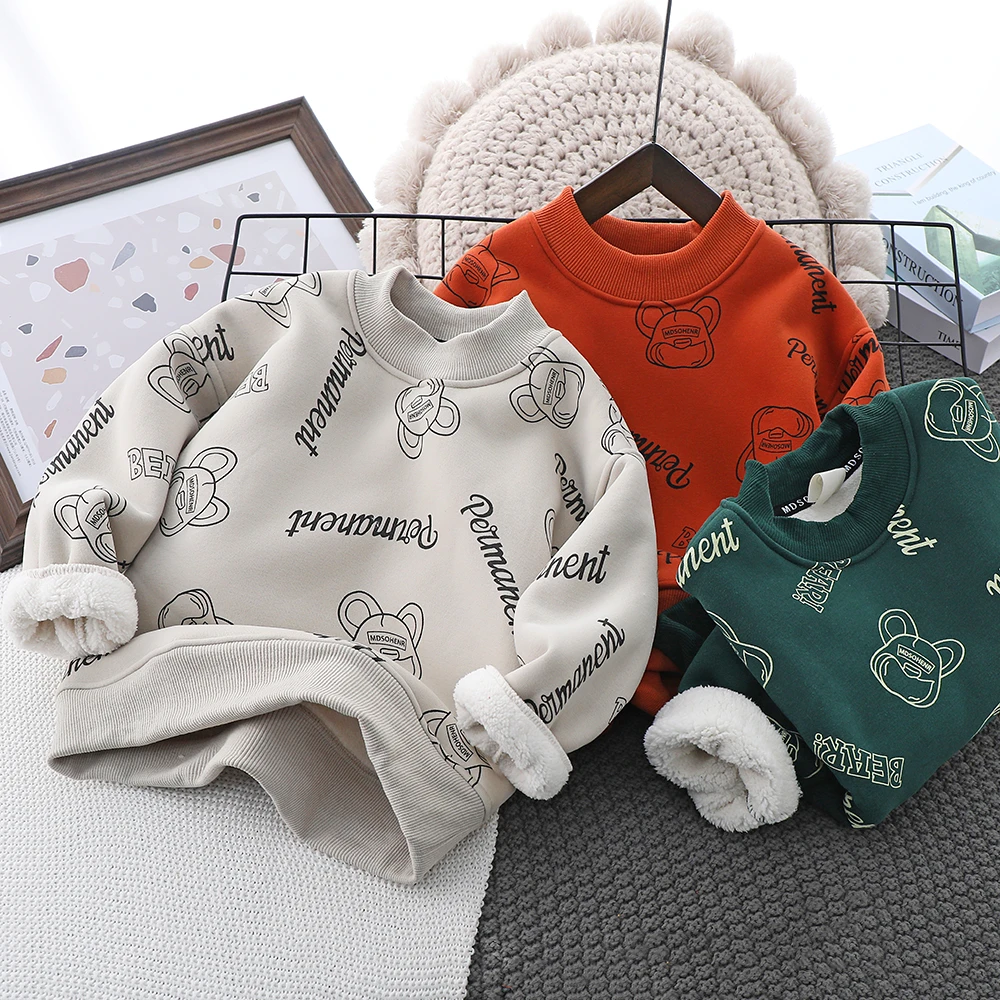 男童加绒加厚卫衣2023新款冬季帅气炸街圆领长袖上衣中大童打底衫