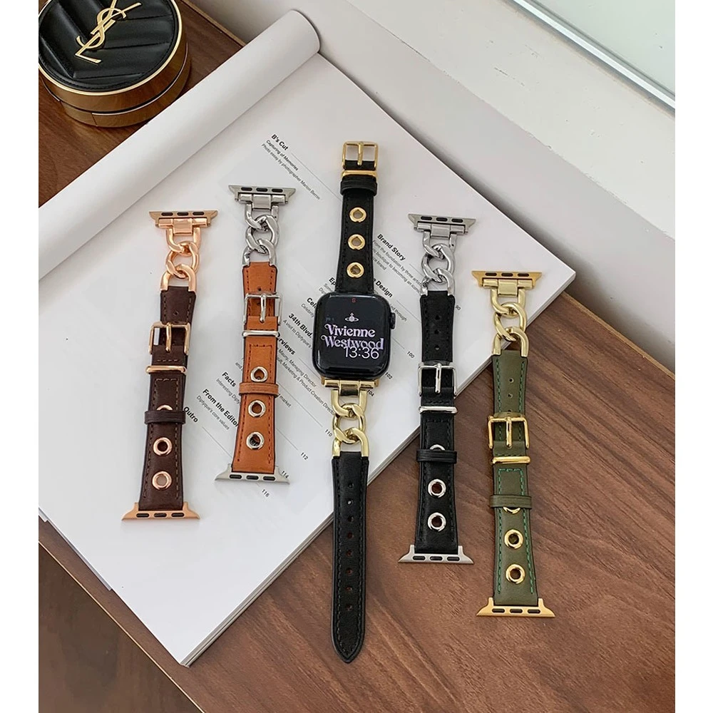 金属链拼钉扣皮质表带适用苹果手表applewatch96 S7 S8男女款45mm