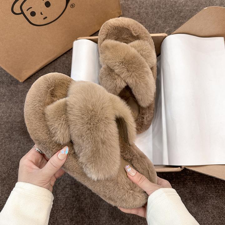 网红正版厚底兔毛真毛毛毛拖鞋女外穿2024交叉加绒保暖增高棉拖鞋