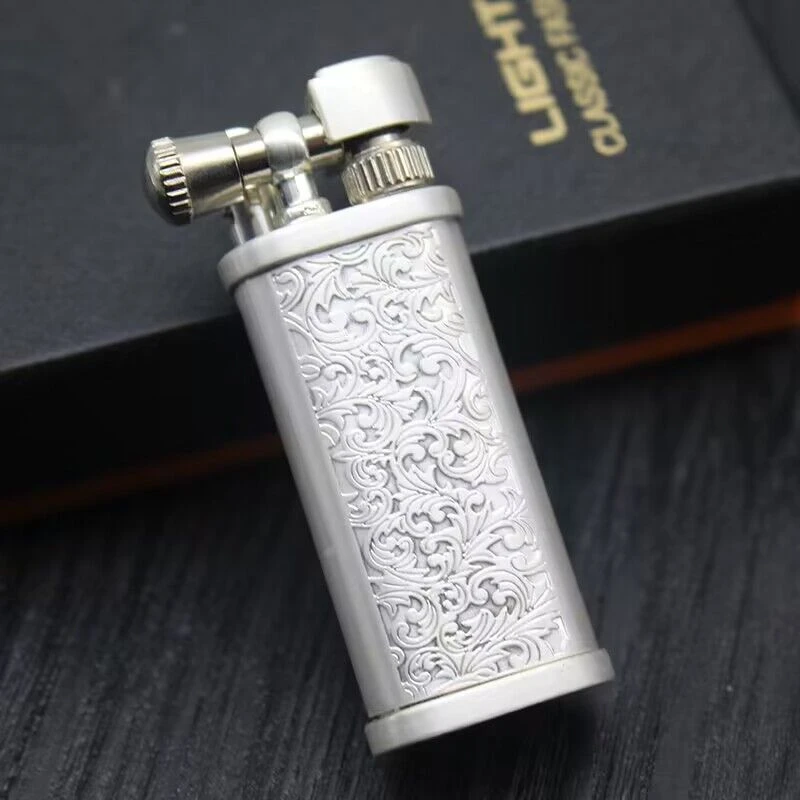 白银唐草战壕侧滑抬臂精雕小巧复古用油唐草煤油打火机异型机迷你