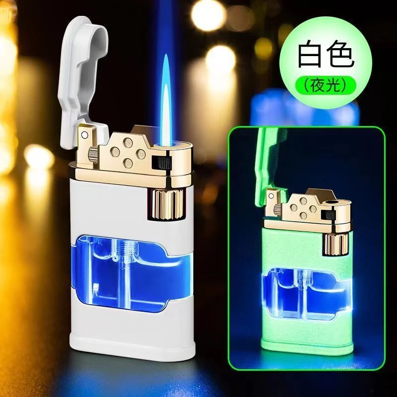 新款夜光侧滑砂轮打火机充气直冲透明气仓男士火机礼物蓝焰高档