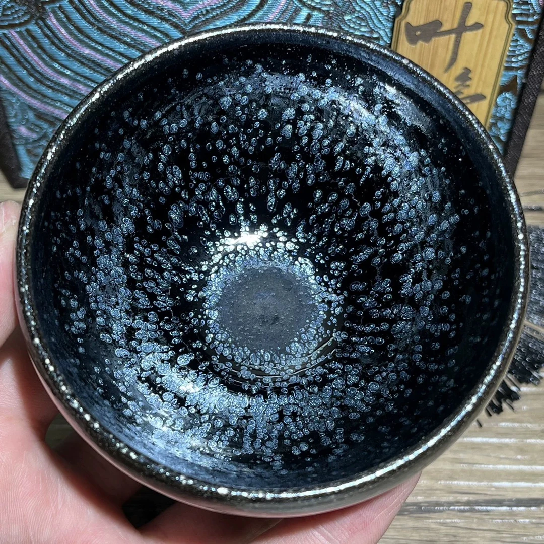 建阳建盏陶瓷茶杯名家叶婷黑底银滴水母滴手工铁胎无足钵盏杯茶具