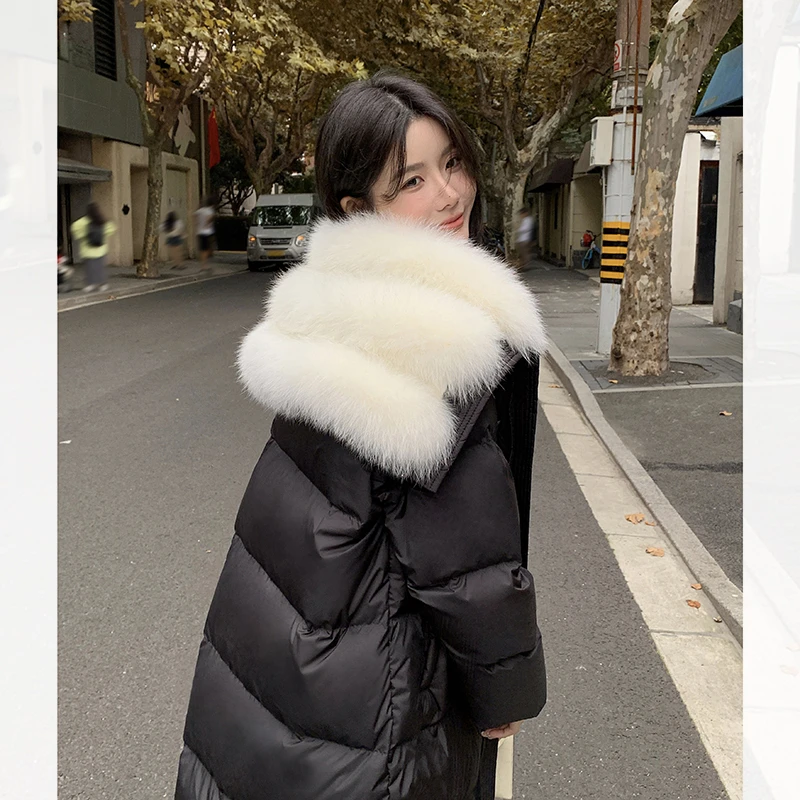 90白鹅绒羽绒服女冬2023新款大狐狸毛领皮草中长款加厚面包服外套