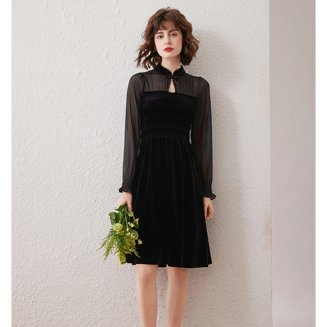 白鹿语冬款气质拼接盘扣立领优雅橡筋打揽修身长袖连衣裙ZBX10040