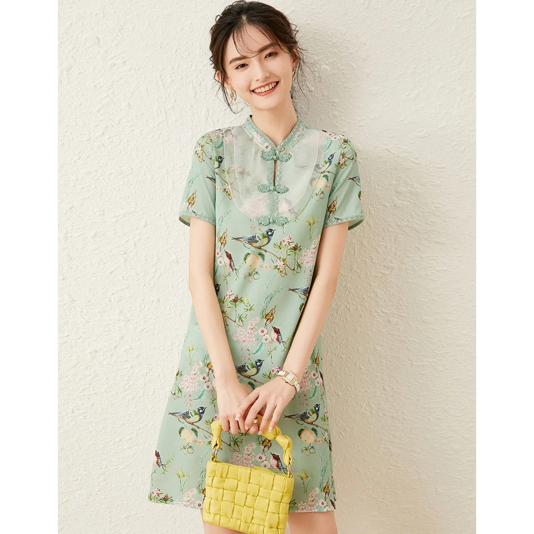 白鹿语夏季复古印花裙中国风小立领印花中长连衣裙女裙子WYU36018