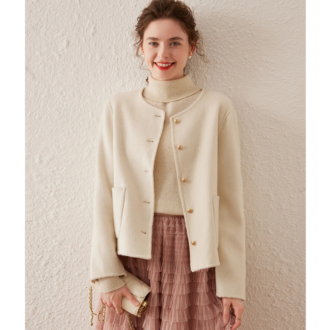 白鹿语冬季女装新款时尚百搭圆领长袖羊毛混纺双面呢大衣BX30254