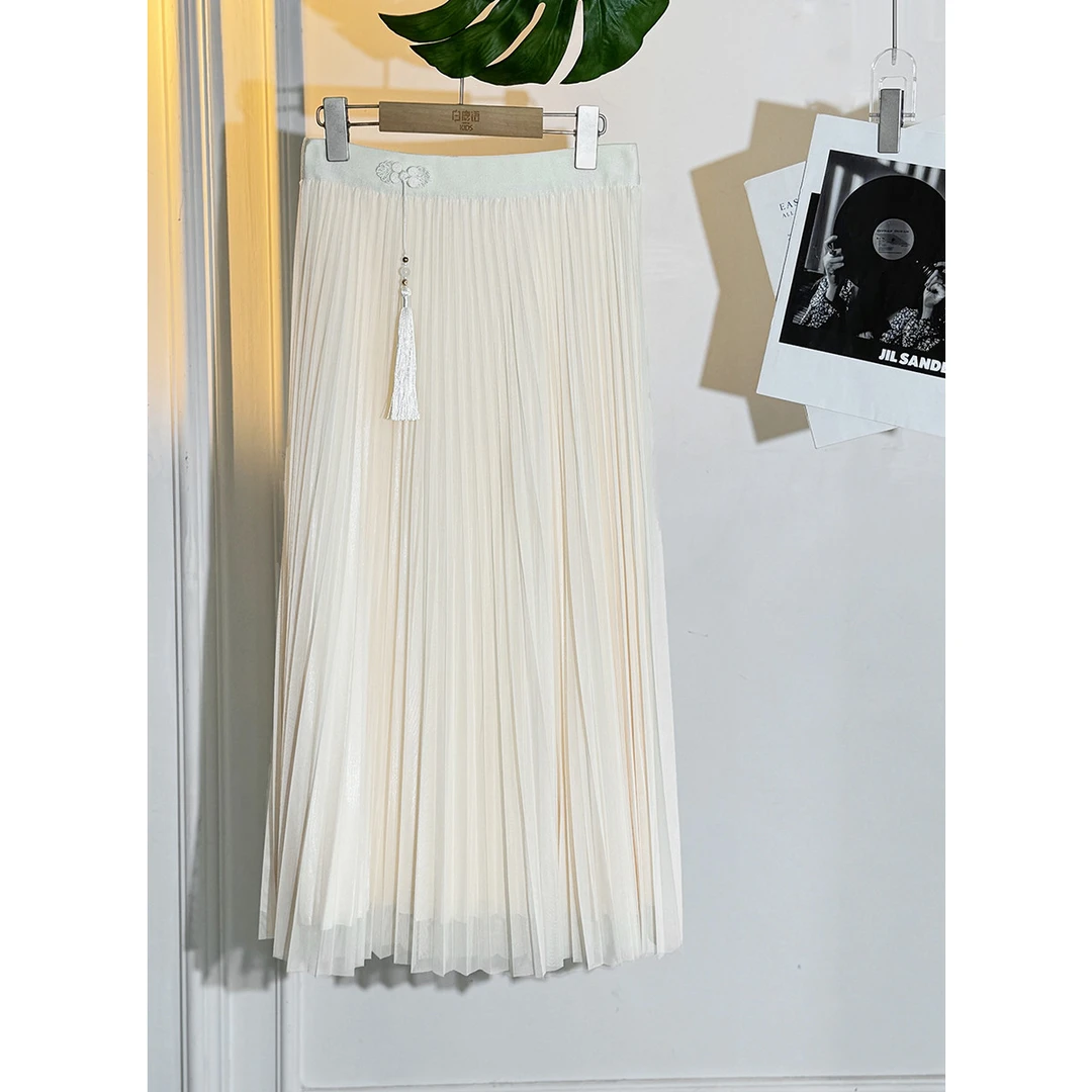 白鹿语春夏季国风吊坠装饰高腰网纱百褶半身裙女YU10554