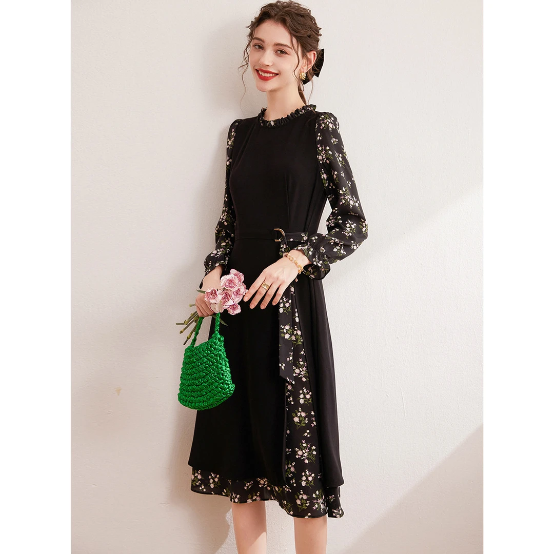 白鹿语秋款复古木耳边圆领长款长袖无弹连衣裙WBL10054