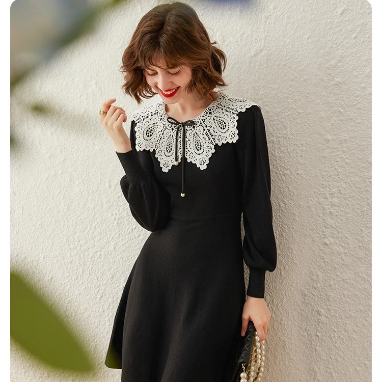 白鹿语新款时尚法式优雅气质拼接花边领女装连衣裙BX30276