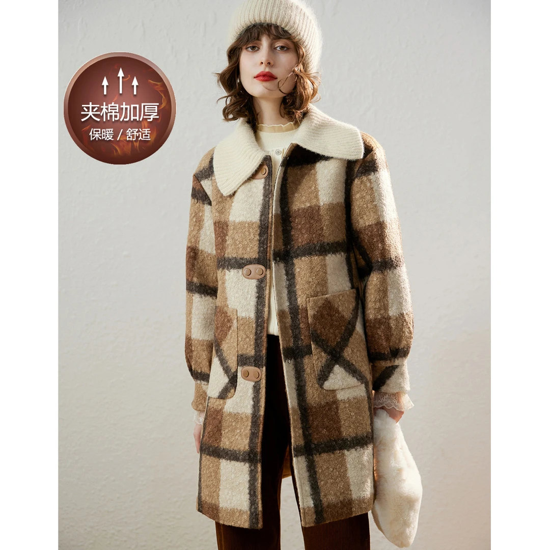 白鹿语冬款可拆卸罗纹大翻领锁温保暖厚格纹夹棉大衣外套HX10099