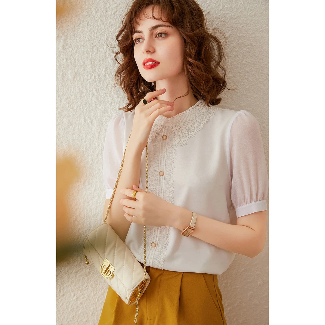 白鹿语夏季新款翻领衬衣优雅时尚泡泡袖拼接短袖女装衬衫WYU36290