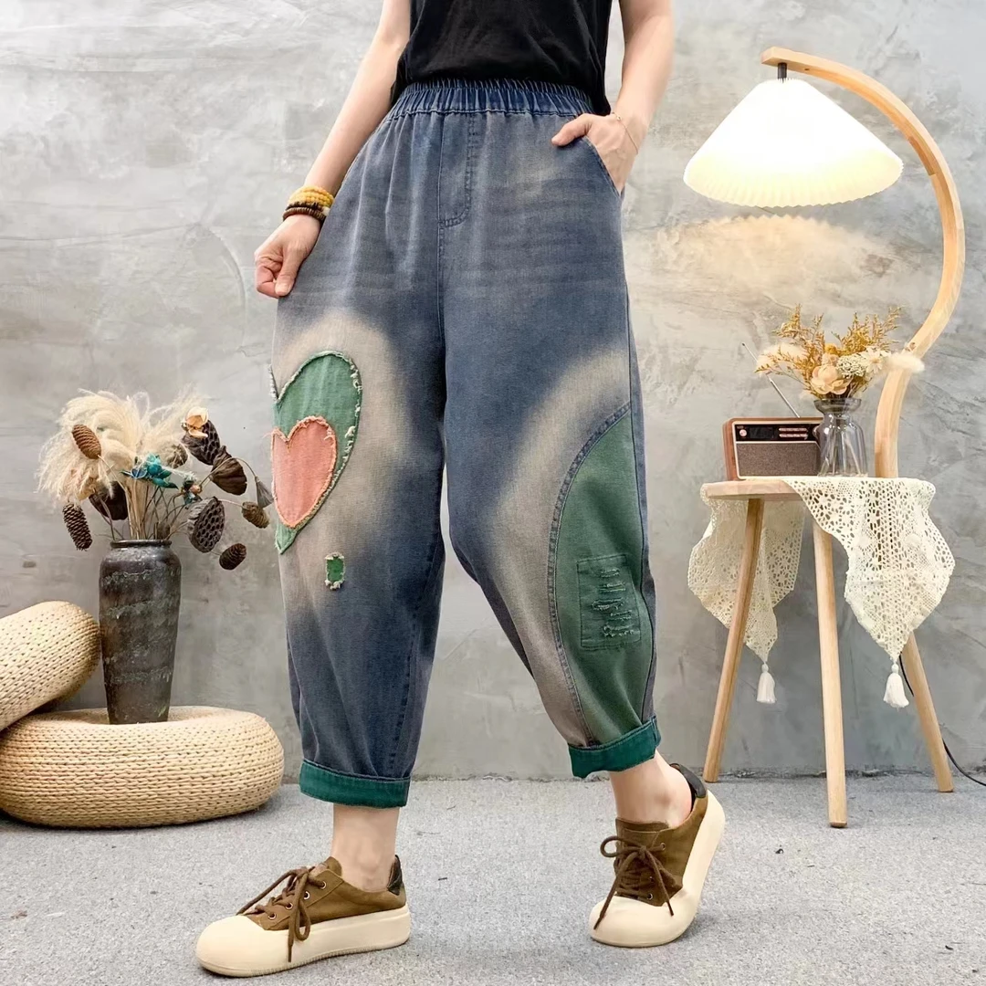 夏季薄款软牛仔休闲薄款九分拼接松紧腰女牛仔裤3303