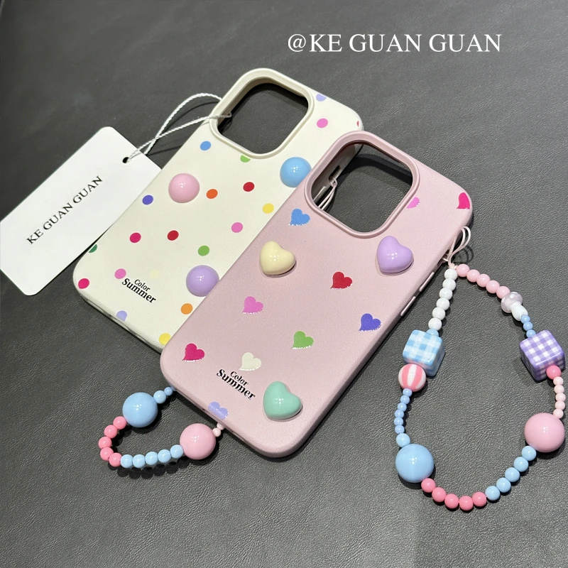 ins仿皮软硅胶立体爱心波点苹果15Promax手机壳iPhone14挂链13女
