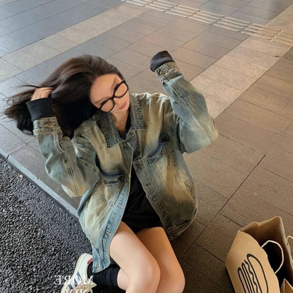 男友风复古做旧牛仔外套女2023秋季宽松显瘦韩系设计感慵懒风上衣